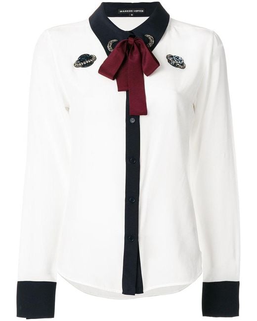 Markus Lupfer White Bow Tie Blouse With Planet Appliqué