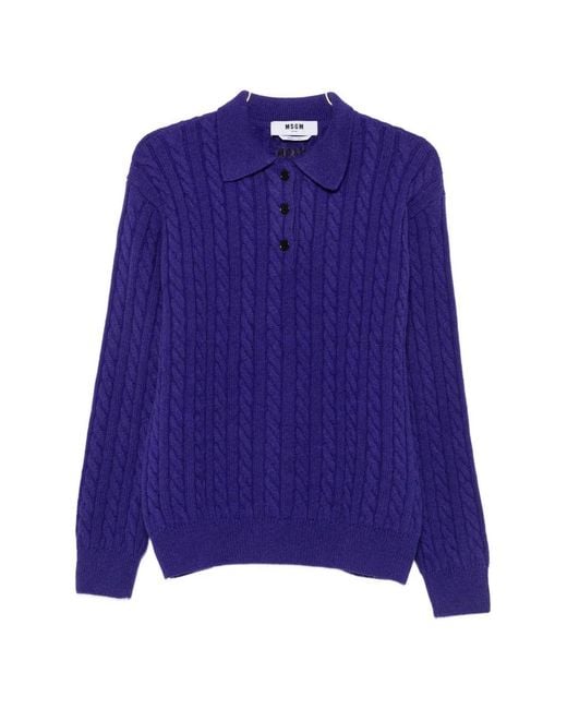 MSGM Purple Cable-Knit Polo-Collar Knit
