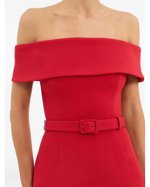 Rebecca Vallance Red Precious Belted Off-The-Shoulder Midi Dress