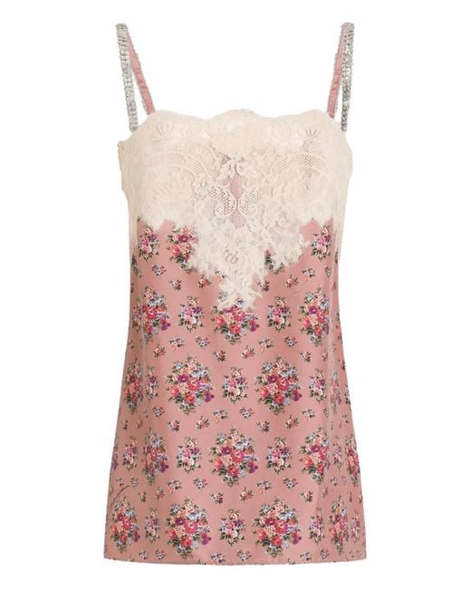 Dolce & Gabbana Pink Floral-Print Lace-Detail Top