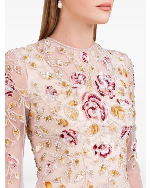Dina Melwani Pink Leaf-Embroidered Gown Maxi Dress