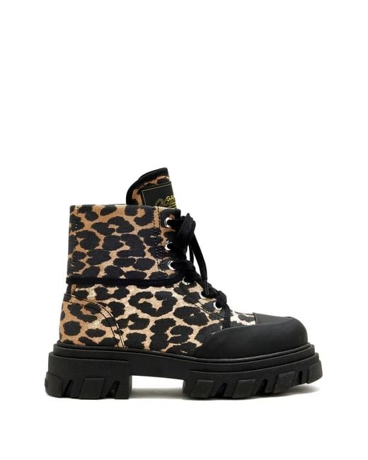 Ganni Black Trail Leopard-Print Combat Boots