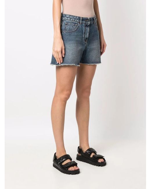 Palm Angels Blue Palm Tree-Embroidered Frayed Denim Shorts