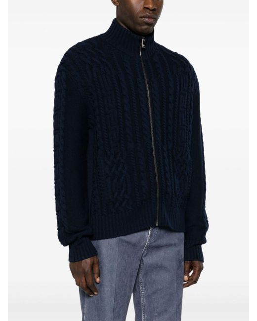 Versace Blue Cable-knit Virgin Wool Cardigan for men