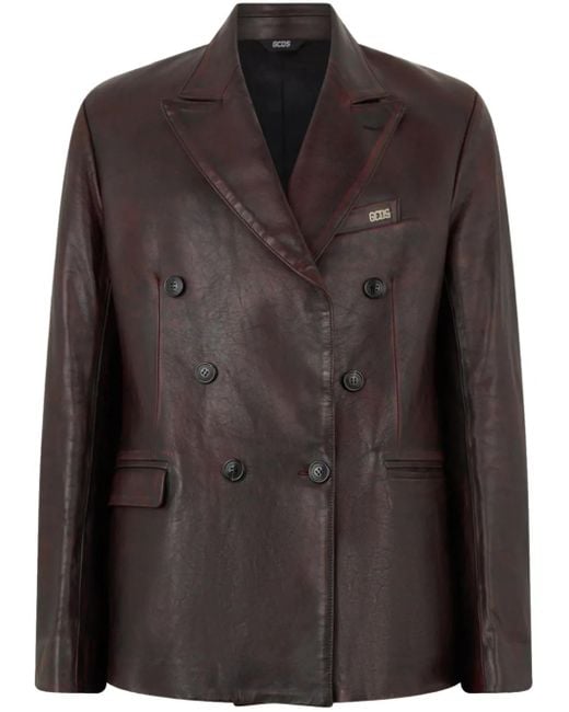 Gcds Black Leather Double-Breasted Blazer for men