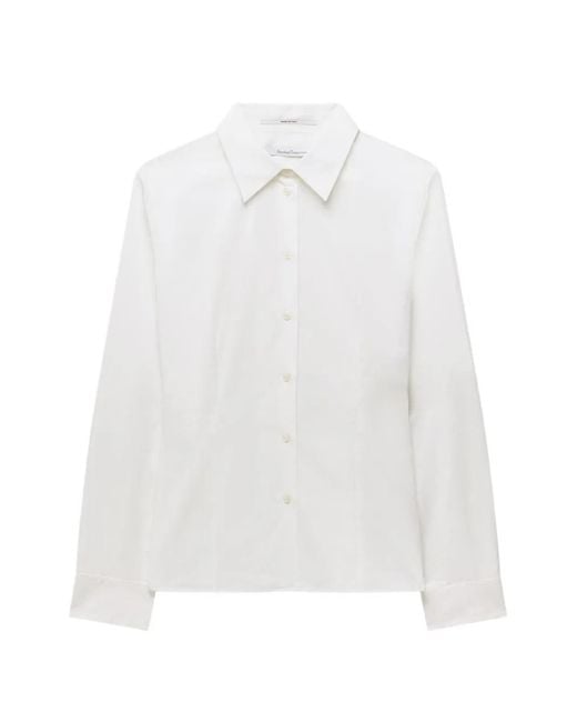 Another Tomorrow White Dart-Detail Fitted Blouse