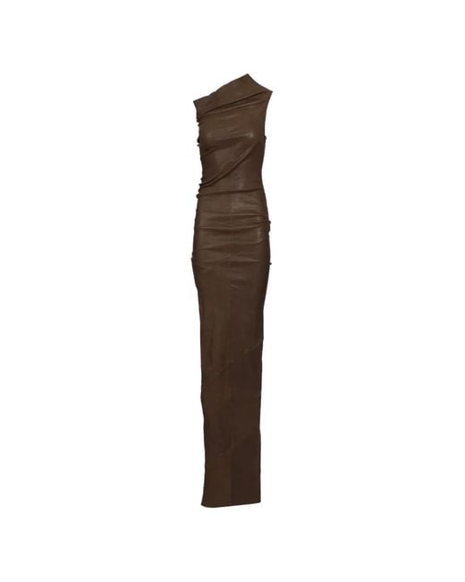 Rick Owens Brown Athena One-Shoulder Draped Maxi Dress