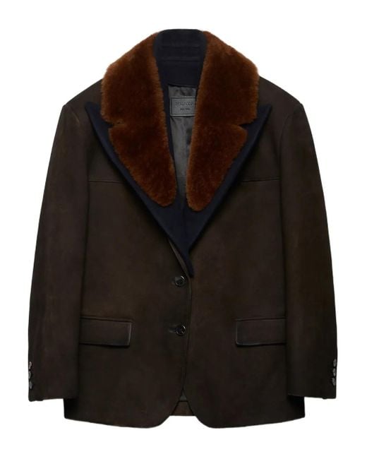 Prada Black Shearling-collar suede coat