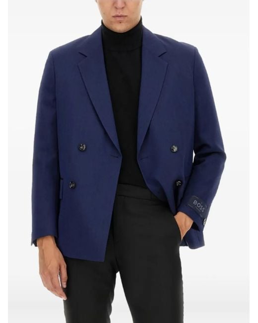 Boss Blue Logo-Tab Wool Blazer for men