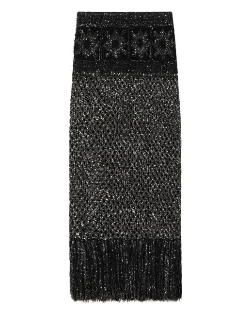 Alanui Black City Lights Sequin-Embellished Fringe Maxi Skirt