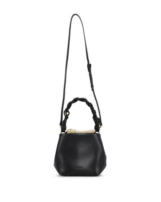 Ganni Black Braided-Handle Leather Bucket Bag