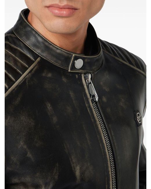 Philipp Plein Black Distressed Leather Moto Jacket for men