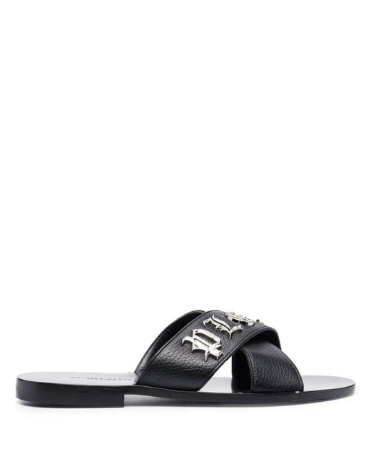 Philipp Plein Black Cross-Strap Leather Slides for men