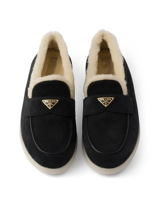 Prada Black Triangle-Logo Shearling Loafers for men