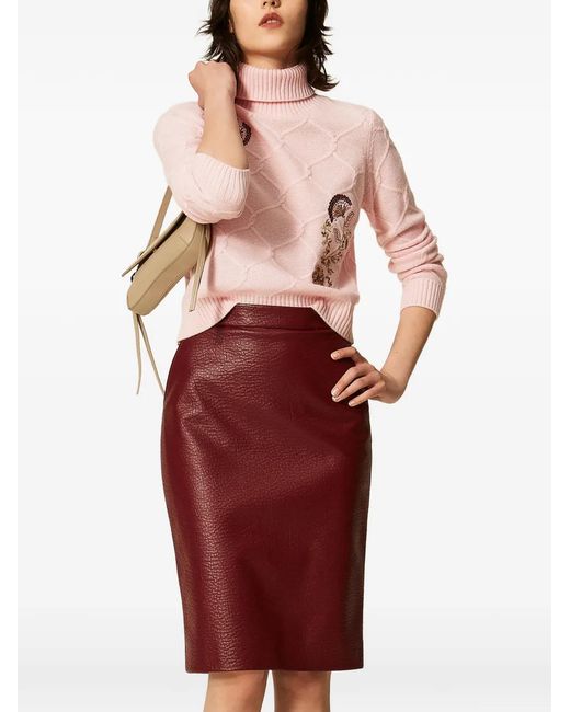 Twinset Red Faux-Leather Midi Skirt