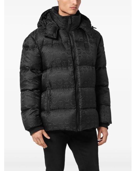 Philipp Plein Black Monogram-Jacquard Padded Jacket for men