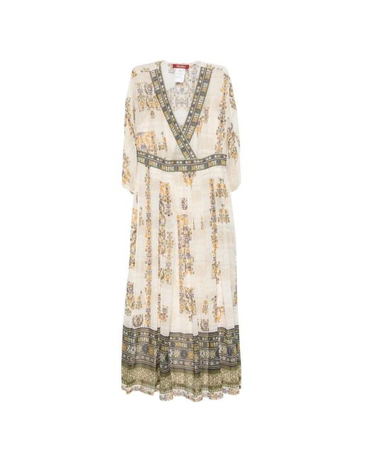 Max Mara White Graphic-Print V-Neck Dress