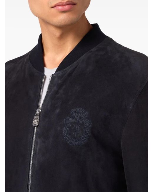 Billionaire Blue Crest-Embroidered Suede Bomber Jacket for men