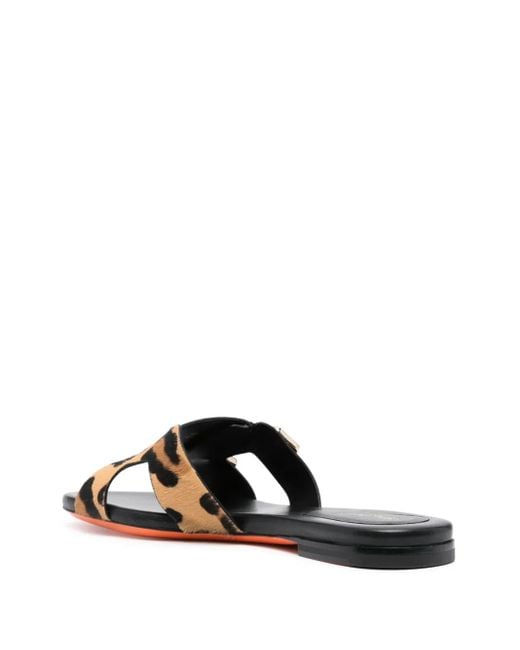Santoni Brown Leopard-Print Double-Buckle Slides