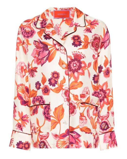LaDoubleJ Red Floral-Print Silk Pajama Shirt