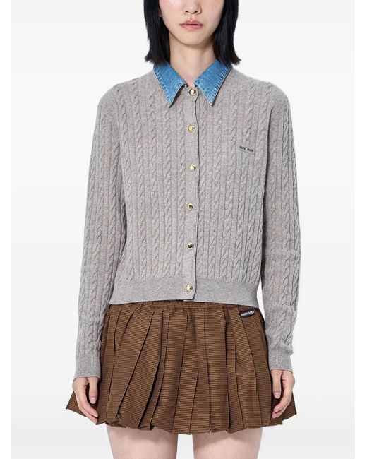 Miu Miu Gray Cable-Knit Layered-Collar Cardigan