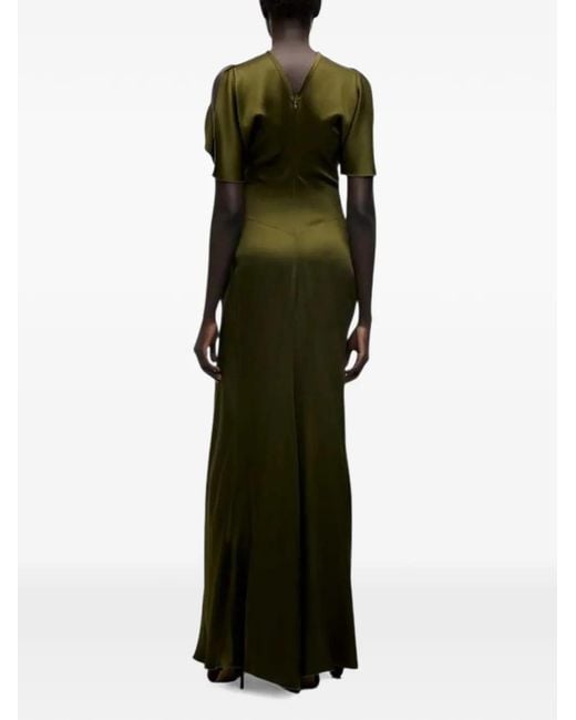 Victoria Beckham Green Isabella Marsh Crepe-Back Satin Gathered Maxi Dress With Short Tulip Sleeves