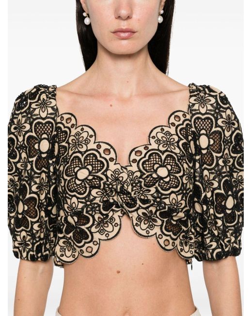Sandro Black Floral-detail Cropped Top