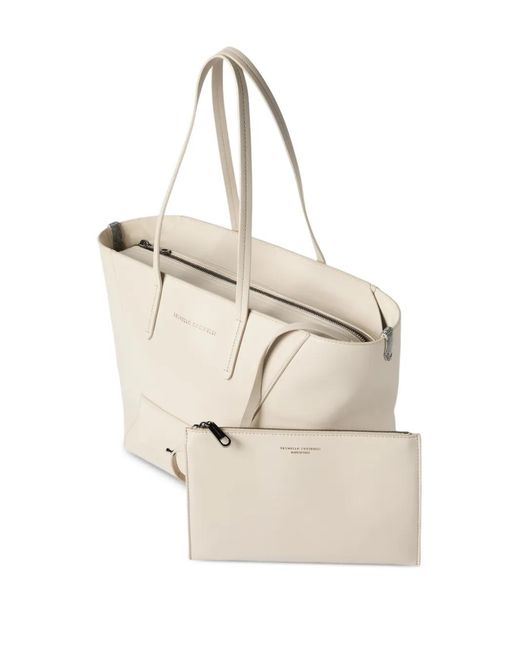 Brunello Cucinelli Natural Geometric-Panel Leather Shoulder Bag