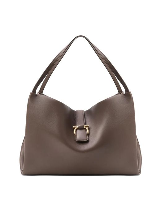 Ferragamo Brown Large Mia Gancini-Plaque Leather Tote Bag
