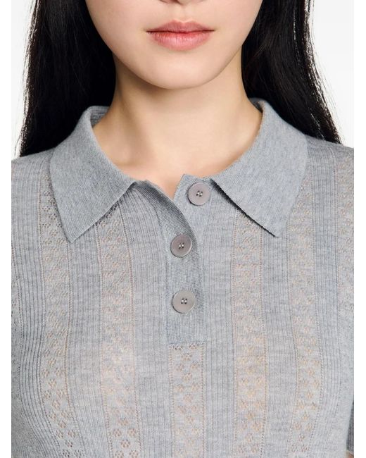 Sandro Gray Pointelle Polo-Neck Wool Sweater