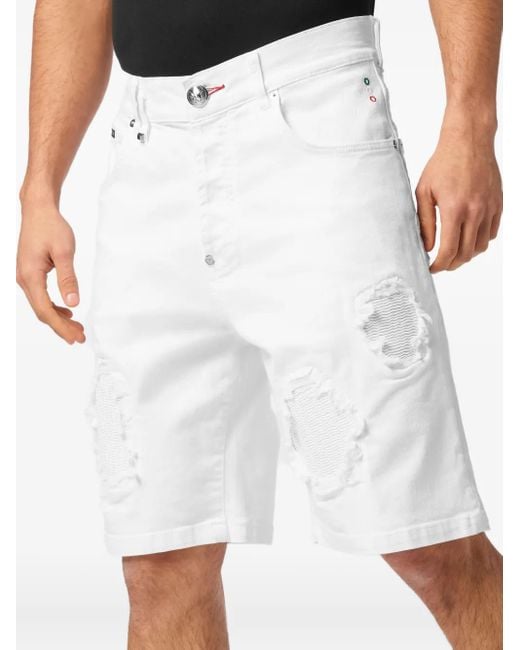 Philipp Plein White Denim Shorts Formentera Distressed for men