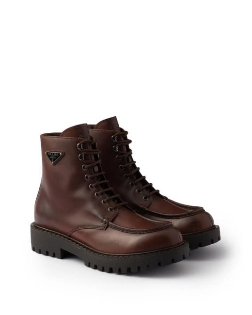 Prada Brown Lace-Up Lug-Sole Boots for men