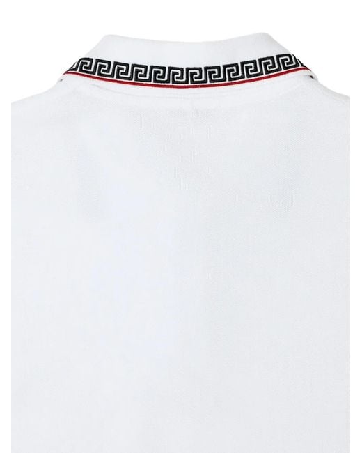 Versace White Medusa Emblem Embroidered Polo Shirt With Greek Motif, Three-Button Closure & Ribbed Trim