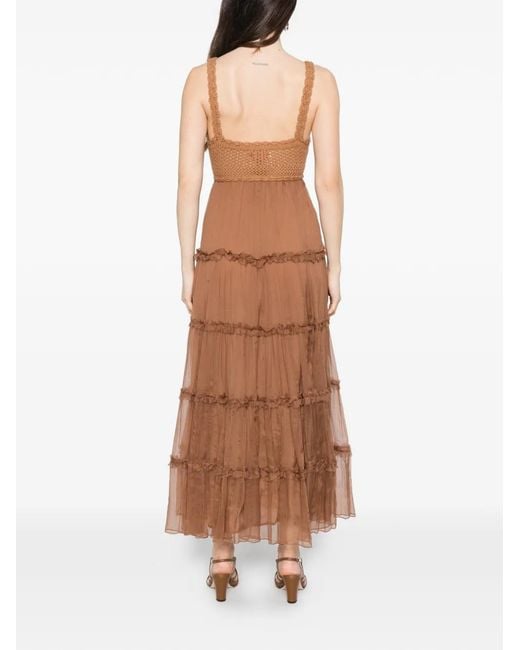 ERMANNO FIRENZE Brown Crochet Ruffled Maxi Dress