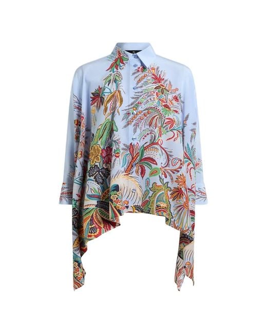 Etro Blue Paisley-Print Hanky-Hem Silk Shirt