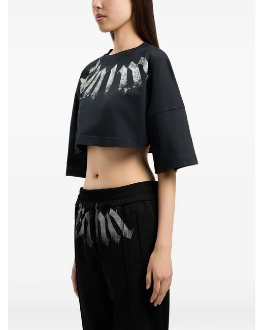 Palm Angels Blue Cropped Logo-Printed T-Shirt