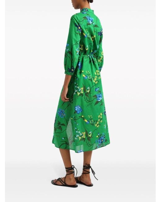 Erdem Green Floral-print Belted Midi Dress