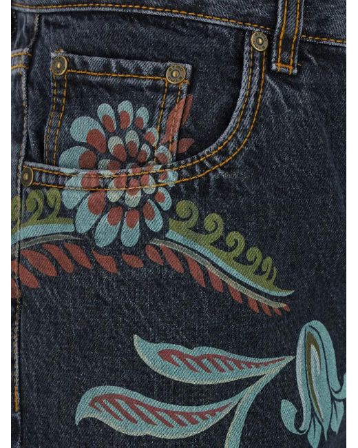Etro Blue Floral Print Straigh-Leg Jeans