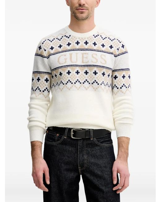 Guess White Patterned Crew-Neck Sweater for men