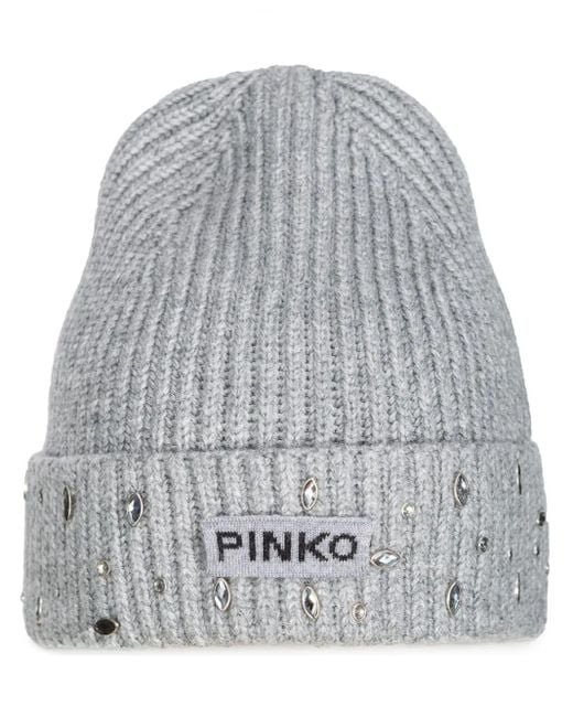 Pinko Gray Crystal-Embellished Beanie Hat