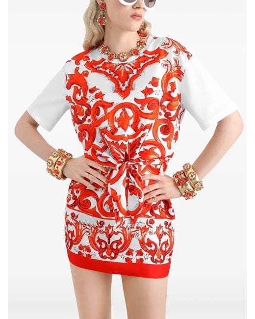 Dolce & Gabbana Red Majolica-Print Jersey And Twill Mini Dress