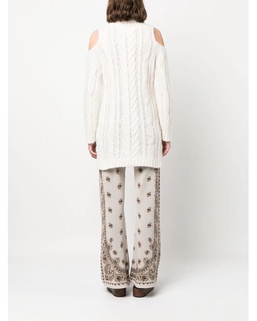 P.A.R.O.S.H. White Cold-Shoulder Cable-Knit Jumper
