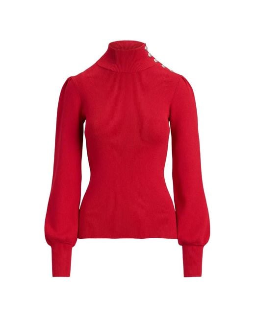 Ralph Lauren Red Button-Trim Ribbed-Knit Sweater