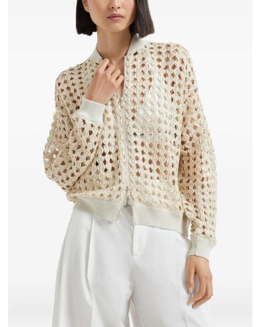 Brunello Cucinelli Natural Crochet-Knit Zip-Up Jacket