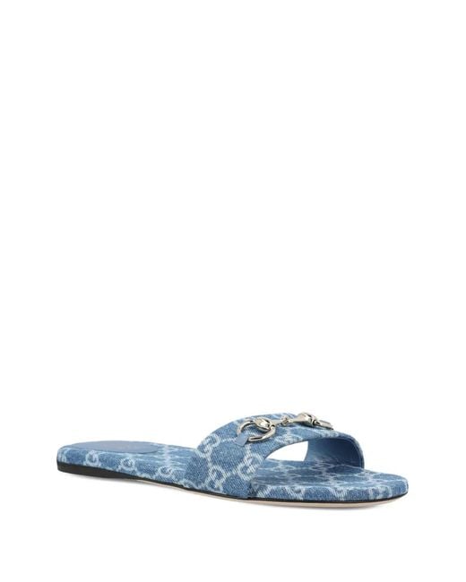 Gucci Blue Horsebit Gg-Pattern Flat Sandals