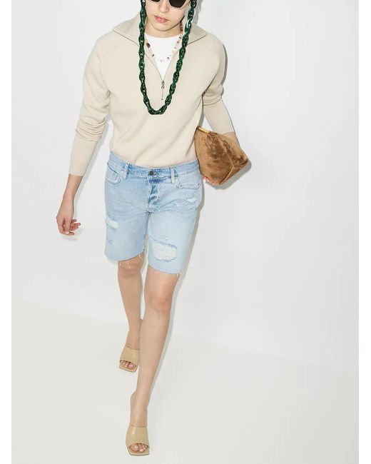 FRAME Blue Le Slouch Distressed Bermuda Shorts