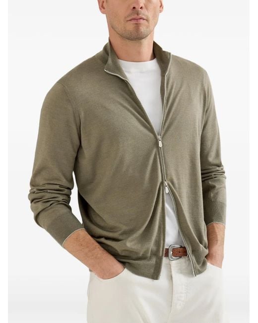 Brunello Cucinelli Green Cashmere And Silk Lightweight Cardigan With Zipper for men