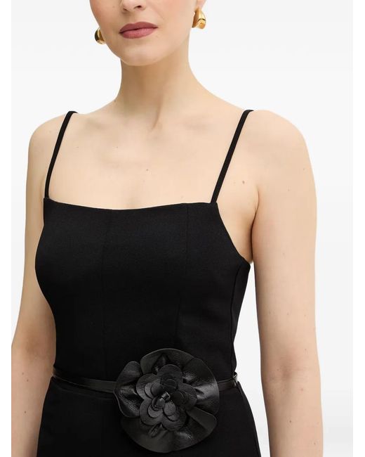 Guess Black Floral-Appliqué Belted Midi Dress