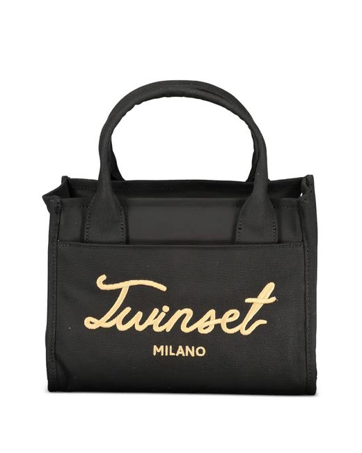 Twinset Black Logo-Embroidered Canvas Tote Bag