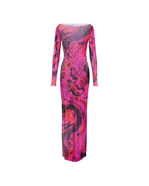 Emilio Pucci Pink Long Sleeve Stretch Tulle Dress With Orchid Print